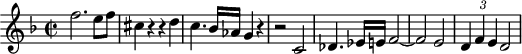 
\header {
  tagline = ##f
}

\score {
  \new Staff \with {

  }
<<
  \relative c'' {
    \key f \major
    \time 2/2
    \tempo 2 = 70
    \override TupletBracket #'bracket-visibility = ##f 
    %\autoBeamOff
    \set Staff.midiInstrument = #"string ensemble 1"

     %%%%%%%%%%%%%%%%%%%%%%%%%% AB 3-1 th3
     f2. e8 f cis4 r4 r4 d4 c4. bes16 aes g4 r4 r2 c,2 des4. ees16 e f2~f e2 \times 2/3 { d4 f e} d2

  }
>>
  \layout {
    \context { \Score \remove "Metronome_mark_engraver"
 \override SpacingSpanner.common-shortest-duration = #(ly:make-moment 1/2)
    }
  }
  \midi {}
}
