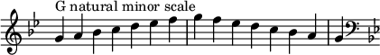  {
\override Score.TimeSignature #'stencil = ##f
\relative c'' {
  \clef treble \key g \minor \time 7/4
  g4^\markup "G natural minor scale" a bes c d es f g f es d c bes a g
  \clef bass \key g \minor
} }
