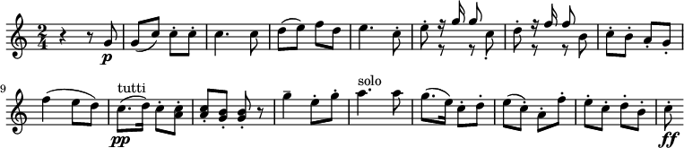 
\relative c''{ \time 2/4  \set Score.tempoHideNote=##t \tempo 4=126 \set Staff.midiInstrument = #"trumpet" r4 r8 g8\p g8 (c8) c8-. c8-. c4. c8 d8 (e8) f8 d8 e4. c8-. e8-.  <<{r16 g16 g8}\\{r8 r8 c,8-.}>> d8-. <<{r16 f16 f8}\\{ r8 r8 b,8}>> c8-. b8-. a8-. g8-. f'4 (e8 d8) c8.\pp^"tutti" (d16) c8-. <c a>8-. <c a>8-. <b g>8-. <b g>8-. r8 g'4-- e8-. g8-. a4.^"solo" a8 g8. (e16) c8-. d8-. e8 (c8-.) a8-. f'8-. e8-. c8-. d8-. b8-. c8-.\ff  }
