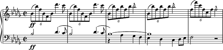 
{ \new PianoStaff <<
\new Staff \relative bes' { \set Staff.midiInstrument = #"piano" \key bes \minor \clef treble \time 2/2 \set Score.tempoHideNote = ##t \tempo 2 = 50
  \once \override TupletBracket #'stencil = ##f
  \times 4/6  {
    bes8 \ff ( bes'8 ) f8 bes,8 f8 bes8
  }
  des'4. c8 | % 2
  \once \override TupletBracket #'stencil = ##f
  \times 4/6  {
    bes,8 ( bes'8 ) f8 bes,8 f8 bes8
  }
  des'4. c8 | % 3
  \noBreak \once \override TupletBracket #'stencil = ##f
  \times 4/6  {
    bes,8 ( bes'8 ) f8 bes8 f8 bes8 \noBreak
  }
  bes2 ^^ | % 4
  \noBreak \once \override TupletBracket #'stencil = ##f
  \times 4/6  {
    bes,8 ( bes'8 ) f8 bes8 f8 bes8
  }
  bes2 ^^ | % 5
  \once \override TupletBracket #'stencil = ##f
  \times 4/6  {
    f8 ( f'8 ) c8 f,8 c8 f8
  }
  f2 ^^
  }
  \new Staff { \set Staff.midiInstrument = #"piano"
  <<
    \new Voice \relative bes {
  \clef "bass" \key bes \minor \stemUp \time 2/2
  bes2 des4. ^( c8 | % 2
  bes2 ) des4. ^( c8 | % 3
  bes1 ) ~ | % 4
  bes1 | % 5
  }
  \relative as {
  \clef "bass" \key bes \minor \stemDown \time 2/2 s1*2 \ff | % 3
  r4 as4 ges4 f4 | % 4
  es4 des4 c4 des8 es8 | % 5
  f2 r2 } >> }
>> }
