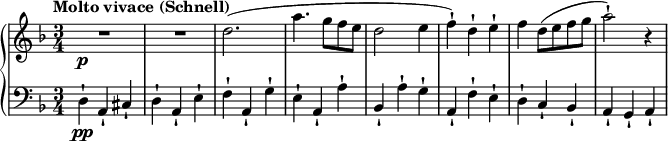 
\relative c'' {
\new PianoStaff <<
\new Staff {
\set Staff.midiInstrument = #"piano" \key f \major \clef treble \time 3/4 \set Score.tempoHideNote = ##t \tempo "Molto vivace (Schnell)" 4 = 250
 R2.*2 \p |
 d2. ( |
 a'4. g8 f8 e8 |
 d2 e4 |
 f4 ) -! d4 -! e4 -! |
 f4 d8 ( e8 f8 g8 |
 a2 ) -! r4 |
 }
\new Staff {
\set Staff.midiInstrument = #"piano" \key f \major \clef bass \time 3/4
 d,,,4 \pp -! a4 -! cis4 -! |
 d4 -! a4 -! e'4 -! |
 f4 -! a,4 -! g'4 -! |
 e4 -! a,4 -! a'4 -! |
 bes,4 -! a'4 -! g4 -! |
 a,4 -! f'4 -! e4 -! |
 d4 -! c4 -! bes4 -! |
 a4 -! g4 -! a4 -! |
}
>>
}
