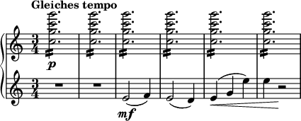 
{ \new PianoStaff <<
\new Staff \relative c'' { \set Staff.midiInstrument = #"piano" \key c \major \clef treble \time 3/4 \set Score.tempoHideNote = ##t \tempo "Gleiches tempo" 4 = 190
  <c g' c g'>2. \p :16 | % 2
  <c g' c g'>2. :16 | % 3
  <c g' c g'>2. :16 | % 4
  <c g' c g'>2. :16| % 5
  <c g' c g'>2. :16 | % 6
  <c g' c g'>2. :16
  }
\new Staff \relative e' { \set Staff.midiInstrument = #"piano" \key c \major \clef treble \time 3/4
  R2.*2 | % 3
  e2 \mf ( f4 ) | % 4
  e2 ( d4 ) | % 5
  e4 \< ( g4 e'4 ) | % 6
  e4 r2 \! }
>> }
