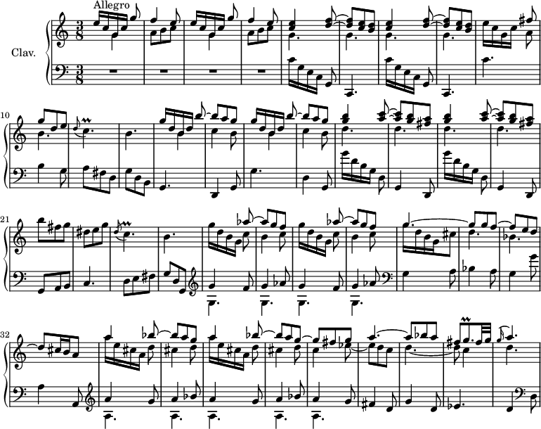 
\version "2.18.2"
\header {
  tagline = ##f
  % composer = "Domenico Scarlatti"
  % opus = "K. 327"
  % meter = "Allegro"
}

%% les petites notes
trillCp      = { \tag #'print { c4.\prall } \tag #'midi { d32 c d c~ c4 } }
trillGqp     = { \tag #'print { g8.\prall } \tag #'midi { a32 g a g } }

upper = \relative c'' {
  \clef treble 
  \key c \major
  \time 3/8
  \tempo 4. = 72
  \set Staff.midiInstrument = #"harpsichord"
  \override TupletBracket.bracket-visibility = ##f

      s8*0^\markup{Allegro}
      \repeat unfold 2 { << { e16[ c g c] g'8 | f4 e8 } \\ { s8 g,4 | a8 b c } >> } | \repeat unfold 2 { << { < c e >4 < d f >8~ | q < c e >8 < b d > } \\ { g4. g } >> }
      % ms. 9
      e'16 c g c << { fis8 | g d e } \\ { a,8 | b4. } >> | \appoggiatura d8 \trillCp | b4. |
      % ms. 13
      \repeat unfold 2 { << { g'16[ d b d] b'8~ | b a g } \\ { s8 b,4 | c4 b8 } >> } | \repeat unfold 2 { << { < g' b >4 < a c >8~ | q < g b >8 < fis a > } \\ { d4. d } >> } 
      % ms. 21
      b'8 fis g | dis e g | \acciaccatura d8 \trillCp | b4. |
      % ms. 25
      \repeat unfold 2 { g'16 d b g << { aes'8~ | aes g f } \\ { c8 | b4 c8 } >> } << { \mergeDifferentlyDottedOn g'4.~ | g8 g f~ | f e d~ | d cis16 b a8 } \\ { g'16 d b g cis8 | d4. bes  } >>
      % ms. 33
       << { \repeat unfold 2 { a'4 bes8~ | bes a g~ } | g8 fis g | a4.~ | a8 bes a | fis \trillGqp fis32 g } \\ { \repeat unfold 2 { a16[ e cis a] d8 | cis4 d8 } | c4 ees8~ ees d c | d4.~ | d8 c4 } >>
      % ms. 41
      << { \appoggiatura g'16 a4. } \\ { d,4. } >>

}

lower = \relative c' {
  \clef bass
  \key c \major
  \time 3/8
  \set Staff.midiInstrument = #"harpsichord"
  \override TupletBracket.bracket-visibility = ##f

    % ************************************** \appoggiatura a16  \repeat unfold 2 {  } \times 2/3 { }   \omit TupletNumber 
      R4.*4 | \repeat unfold 2 { c16[ g e c] g8 | c,4. } |
      % ms. 9
      c''4. | b4 g8 | a fis d | g d b | 
      % ms. 13
      g4. | d4 g8 | g'4. | d4 g,8 | \repeat unfold 2 { g''16[ d b g] d8 | g,4 d8 } |
      % ms. 21
      g8 a b | c4. | d8 e fis | g d g, | \repeat unfold 2 { \clef treble << { g''4 f8 | g4 aes8 } \\ { g,4. g } >> } |   \clef bass
      % ms. 29
      g4 a8 | bes4 a8 | g4 g'8 | a,4 a,8 |
      % ms. 33
      \repeat unfold 2 { \clef treble << { a''4 g8 | a4 bes8 } \\ { a,4. a } >> } | << { a'4 g8 } \\ { a,4. } >> fis'4 d8 |
      % ms. 39
      g4 d8 | ees4. | d4   \clef bass d,8

}

thePianoStaff = \new PianoStaff <<
    \set PianoStaff.instrumentName = #"Clav."
    \new Staff = "upper" \upper
    \new Staff = "lower" \lower
  >>

\score {
  \keepWithTag #'print \thePianoStaff
  \layout {
      #(layout-set-staff-size 17)
    \context {
      \Score
     \override SpacingSpanner.common-shortest-duration = #(ly:make-moment 1/2)
      \remove "Metronome_mark_engraver"
    }
  }
}

\score {
  \keepWithTag #'midi \thePianoStaff
  \midi { }
}
