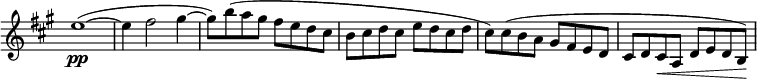 
\relative c'' \new Staff \with { \remove "Time_signature_engraver" } {
 \set Score.tempoHideNote = ##t \tempo "" 2=100 \key a \major \time 2/2
 e1\pp ~( e4 fis2 gis4~ gis8) b( a gis fis e d cis
 b cis d cis e d cis d cis) cis( b a gis fis e d cis d cis\< a d e d b\! )
}
