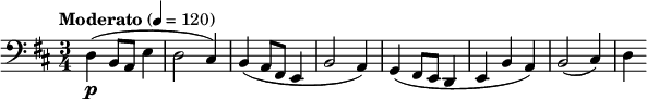  \relative c { \clef bass \time 3/4 \key d \major \tempo "Moderato" 4 = 120 d\p( b8 a e'4 | d2 cis4) | b( a8 fis e4 | b'2 a4) | g4( fis8 e d4 | e b' a) | b2( cis4) | d } 