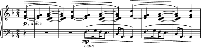 
 { \new PianoStaff <<
    \new Staff = "RH" \relative c'' { \clef treble \key f \major  \time 2/4
       \partial4 <c f,_~ d~>4-\markup { \dynamic p \italic {, dolce}}^\>^( | <g f d>4 <a~ f^~ d_~ c~>|<a f d c>)\! <c f,_~ d~>^\>^( | 
       <g f d>4 <a~ f^~ d_~ c~>|<a f d c>)\! <d f,~>^\>^( | <g, f d>4 <a~ f^~ d_~ c~>|<a f d c>)\! <d g, e> | }
    \new Staff = "LH" \relative c { \clef bass \key f \major  \time 2/4 
       r4 | R2 | R2 |
       f8.-\mp-\markup {\italic {espr.}}\>[( 
       \set stemLeftBeamCount = #2  \set stemRightBeamCount = #1
       g16 \set stemLeftBeamCount = #1  \set stemRightBeamCount = #2
       f16 e8.] | d16 a8. a4\!--) | 
       f'8.[\>( \set stemLeftBeamCount = #2  \set stemRightBeamCount = #1
       g16 \set stemLeftBeamCount = #1  \set stemRightBeamCount = #2
       f16 e8.] | d16 a8. a4\!--) | }
   >> }
