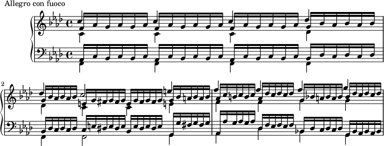 
\version "2.18.2"
\header {
  tagline = ##f
}
upper = \relative c' {
  \clef treble 
  \key f \minor
  \time 4/4
  \tempo 4 = 106

   %%Montgeroult — Étude 105 (pdf p. 168)

   << { \override NoteColumn.force-hshift = #-0.4 c'4 c c des des c2 e4 f f f g } \\ { \override NoteColumn.force-hshift = #0 \omit TupletNumber \stemUp \repeat unfold 3 { \tuplet 3/2 { f,16 aes g aes g aes } } \repeat unfold 2 { \tuplet 3/2 { g16 bes aes bes aes bes }} \repeat unfold 2 { \tuplet 3/2 { e,16 g fis g fis g }} \tuplet 3/2 { g16 bes a bes a bes } \tuplet 3/2 { aes16 c b c b c } \tuplet 3/2 { aes16 des c des c des } \tuplet 3/2 { g,16 bes a bes a bes } \tuplet 3/2 { bes16 des c des c des } } \\ { \stemDown c,4 c c des des c c e! f f \once \override NoteColumn.force-hshift = #0 g g } >>

}

lower = \relative c {
  \clef bass
  \key f \minor
  \time 4/4

   << { \omit TupletNumber \repeat unfold 3 { \tuplet 3/2 { aes16 c bes c bes c } } \repeat unfold 2 { \tuplet 3/2 { bes des c des c des } } \tuplet 3/2 { c e dis e dis e } \tuplet 3/2 { bes e dis e dis e } \tuplet 3/2 { g,16 g' fis g fis g }  } \\ { \repeat unfold 5 { f,4 } f2 g4 } >>
   << { \omit TupletNumber \tuplet 3/2 { aes16 aes' g aes g aes } \tuplet 3/2 { des, f ees f ees f } \tuplet 3/2 { bes, des c des c des } \tuplet 3/2 { g, bes aes bes aes bes} } \\ { aes4 des bes! g } >>

}

  \header {
    piece = "Allegro con fuoco"
  }

\score {
  \new PianoStaff <<
    \new Staff = "upper" \upper
    \new Staff = "lower" \lower
  >>

  \layout {
    \context {
      \Score
      \remove "Metronome_mark_engraver"
    }
  }
  \midi { }
}
