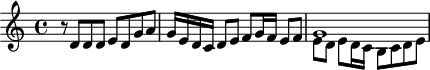 
\version "2.18.2"
\header {
  tagline = ##f
  % composer = "Johann Pachelbel"
  % opus = "Gelobet seist du, Jesu Christ, P. 166"
  % meter = ""
}

\score {
<<
  \relative c' {
    \key c \major
    \time 4/4
    \override TupletBracket #'bracket-visibility = ##f 

     %s8*0^\markup{Aria}
    r8 d8 d d e d g a | g16 e d c  d8 e f g16 f e8 f | << { g1 } \\ { e8 d e d16 c b8 c d e } >>

  }
>>
  \layout {
     #(layout-set-staff-size 17)
     \context { \Score \remove "Metronome_mark_engraver" 
     \override SpacingSpanner.common-shortest-duration = #(ly:make-moment 1/2)
     }
  }
}
