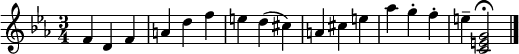  { \key c \minor \time 3/4 \relative c' { f d f a d f e d( cis) a cis e aes g-. f-. e--  <c, e g>2 \fermata \bar "|." } } 