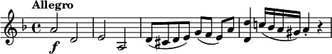 
\version "2.18.2"
\relative c'' {\set Staff.midiInstrument = #"violin"
  \key d \minor
  \time 4/4
  \tempo "Allegro"
  \tempo 4 = 130
  a2\f d,
  e a,
  d8 (cis d e) g (f e)\noBeam [a]
  <d, d'>4 c'!16 (bes a gis) a4-. r
}
