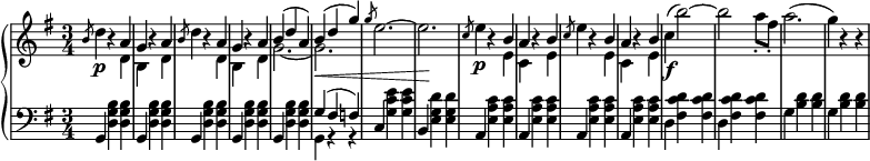 
 \relative c' {
  \new PianoStaff <<
   \new Staff { \key e \minor \time 3/4
    <<
   {
    s16 \slashedGrace b'8 s4 b4\rest a g b4\rest a \slashedGrace b8 s4 b4\rest a g b4\rest a b( d a) b( d g) \slashedGrace g8 s2. s \slashedGrace c,8 s4 b4\rest b a b4\rest b \slashedGrace c8 s4 b4\rest b a b4\rest b
   }
    \\
   {
    s16 d4\p s4 d, b s d d'4 s4 d, b s d g2.~ g\< e'2.^~ e\! e4\p s4 e, c s e e'4 s4 e, c s e c'\f^( b'2^~) b a8-. fis-. a2.^( g4) b,4\rest b4\rest
   }
    >>
   }
   \new Dynamics {
    
   }
   \new Staff { \key e \minor \time 3/4 \clef bass
    <<
      { s16 g,,4 s s g s s g s s g s s g s s g'( fis f) c s s b s s a s s a s s a s s a }
    \\
      { s16 s4 <d g b> <d g b> s <d g b> <d g b> s <d g b> <d g b> s <d g b> <d g b> s <d g b> <d g b> g, r r s <g' c e> <g c e> s <e g d'> <e g d'> s <e a c> <e a c> s <e a c> <e a c> s <e a c> <e a c> s <e a c> <e a c> d <fis c' d> <fis c' d> d <fis c' d> <fis c' d> g <b d> <b d> g <b d> <b d> }
    >>
      }
  >>
 }
