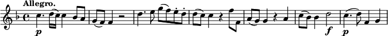 
\relative c'' { \set Score.tempoHideNote = ##t \tempo "Allegro." 4=140 \key f \major
 c4.\p d16 (c) c4 bes8 a g (f) f4 r2 d'4. e8 g (f) e-. d-. d (c) c4 r f8 f, a (g) g4 r a c8 (bes) bes4 d2\f c4.\p (d8) f,4 g
}
