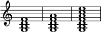 
{
\override Score.TimeSignature #'stencil = ##f
\relative c' {
   \clef treble
   \time 4/4
   \key c \major
   <g b d f>1
   <g b d f a>1
   <g b d f a c e>1
} }
