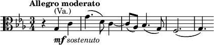  \relative g { \clef alto \key c \minor \time 3/4 \tempo "Allegro moderato" r4 g^\markup { (Va.)}_\markup { \dynamic mf \italic { sostenuto } } c | g'4.( d8) c4~ | c8( as) bes4.( g8) | f2.( | g4.) }