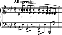 
\new PianoStaff <<
\new Staff = "Up" \with { \magnifyStaff #3/4 } <<
\new Voice \relative c' {
\clef treble
\key aes \major
\tempo "Allegretto"
\set Score.tempoHideNote = ##t \tempo 4 = 50
\time 2/4
\tupletSpan 4
\omit TupletBracket
\override TupletNumber.Y-offset = #-4
\tuplet 3/2 {r8 \p <ees aes c> (<ees aes c> <ees aes c> <des ees bes'> <des ees bes'>}
\omit TupletNumber
\tuplet 3/2 {<des ees bes'> <des ees aes> <c ees aes> <c ees aes> <c ees> <bes des ees>} \hide r16)
}
>>
\new Staff = "Down" \with { \magnifyStaff #3/4 } <<
\new Voice \relative c{
\clef bass
\key aes \major
\stemDown
aes8 ees' ees, ees' aes,, ees'' \stemUp ees,, ees'' s16
}
\new Voice \relative c{
aes4 ees^~ees
}
>>
>>
