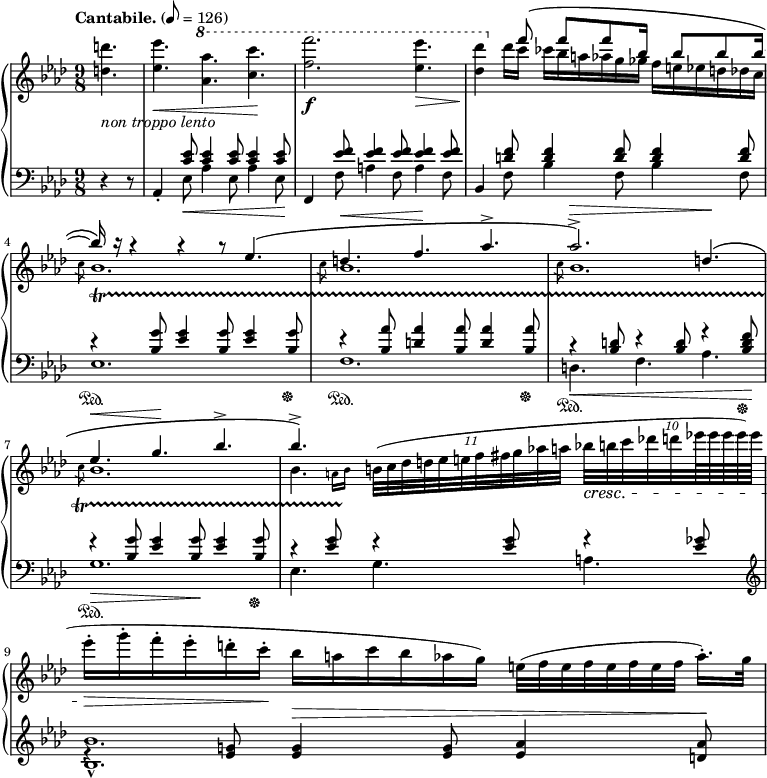 
%source : http://imslp.org/wiki/Special:ReverseLookup/779
\new PianoStaff <<
  \new Staff = "right"
  <<
    \relative c''' {
      \key f \minor
      \numericTimeSignature
      \time 9/8
      \partial 4.
      \tempo "Cantabile." 8=126
      s4.
      s8*9
      s
      s4\( s16 f8 f[ f bes,16] s bes8 bes bes16~
      bes\) r r4 r r8 es,4.\(
      d^\< f\! aes->
      aes2.^\>->\) d,4.\!\(
      es^\< g\! bes->
      bes->\) \stemNeutral \times 12/11 { b,32[^( c des d es e f fis g aes! a] } \times 16/10 { bes!32\cresc b c des! d es!64 es es es es] }
      es16-.\> g-. f-. es-. d-. c-.\! bes a c bes aes g) e32[^( f e f e f e f] aes16.)-. g32
    }
    \\
    \relative c'' {
      \key f \minor
      \numericTimeSignature
      \time 9/8
      \partial 4.
      \tempo "Cantabile." 8=126
      <d d'>4._\markup{\italic "non troppo lento"}
      <es es'>\< \ottava #1 <aes aes'> <c c'>\!
      <f f'>2.\f <es es'>4.\>
      <des des'>4\! \ottava #0 des16 c ces bes a aes g ges f e es d des c
      \scaleDurations #'(3 . 4) {
        \slashedGrace { c8} bes1.\startTrillSpan
        \slashedGrace { c8} bes1.
        \slashedGrace { c8} bes1.
        \slashedGrace { c8} bes1.
      }
      \afterGrace bes4.{ a16[ bes] \stopTrillSpan } 
    }
  >>
  \new Staff = "left"{
    \clef bass
    <<
      \relative c {
        \key f \minor
        \numericTimeSignature
        \time 9/8
        \partial 4.
        \tempo "Cantabile." 8=126
        d4\rest d8\rest
        s4 <c' ees>8 <c ees>4 <c ees>8 <c ees>4 <c ees>8
        s4 <ees f>8 <ees f>4 <ees f>8 <ees f>4 <ees f>8
        s4<d f>8 <d f>4 <d f>8 <d f>4 <d f>8
        r4\sustainOn <bes g'>8 <es g>4 <bes g'>8 <es g>4 <bes g'>8\sustainOff
        r4\sustainOn <bes aes'>8 <d aes'>4 <bes aes'>8 <d aes'>4 <bes aes'>8\sustainOff
        r4\<\sustainOn <bes d>8 r4 <bes d>8 r4 <bes d f>8\sustainOff\!
        r4\>\sustainOn <bes g'>8 <es g>4 <bes g'>8\! <es g>4 <bes g'>8\sustainOff
        r4 <es g>8 r4 <es g>8 r4 <es ges>8
        \clef treble
        es4\rest <es g!>8 <es g>4^\> <es g>8 <es aes>4 <d aes'>8\!
      }
      \\
      \relative c {
        \key f \minor
        \numericTimeSignature
        \time 9/8
        \partial 4.
        \tempo "Cantabile." 8=126
        s4.
        \stemNeutral
        aes4-. es'8\< aes4 es8 aes4 es8\!
        f,4 f'8 a4 f8 a4 f8
        bes,4 f'8 bes4 f8 bes4 f8
        \scaleDurations #'(3 . 4) {
          es1.
          f
        }
        d4. f aes
        \scaleDurations #'(3 . 4) { g1.}
        es4. g a
        \scaleDurations #'(3 . 4) { <bes bes'>1.-^}
      }
    >>
  }
>>
