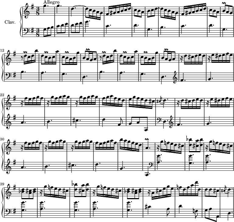 
\version "2.18.2"
\header {
  tagline = ##f
  % composer = "Domenico Scarlatti"
  % opus = "K. 290"
  % meter = "Allegro"
}

%% les petites notes
trillBp       = { \tag #'print { b8\prall } \tag #'midi { c32 b c b } }
trillDqqUp    = { \tag #'print { d'16\prall } \tag #'midi { \times 2/3 { d32 e d } } }
trillCqq      = { \tag #'print { c16\prall } \tag #'midi { \times 2/3 { c32 d c } } }
trillBqq      = { \tag #'print { b16\prall } \tag #'midi { \times 2/3 { b32 c b } } }
trillAqq      = { \tag #'print { a16\prall } \tag #'midi { \times 2/3 { a32 b a } } }
appoDp        = { \tag #'print { \acciaccatura cis8 d4. } \tag #'midi { cis4   \tempo 4. = 30 d8   \tempo 4. = 82 } }
trillAp       = { \tag #'print { a4.\prall } \tag #'midi { b32 a b a~ \tempo 4. = 30 a4 \tempo 4. = 82 } }


upper = \relative c'' {
  \clef treble 
  \key g \major
  \time 3/8
  \tempo 4. = 82
  \set Staff.midiInstrument = #"harpsichord"
  \override TupletBracket.bracket-visibility = ##f

      s8*0^\markup{Allegro}
      g'4. g d4.~ | d8 c16 b a g | fis gis a b c d | c8 b a | b c d~ |
      % ms. 8
      d8 c16 b a g | fis gis a b c d | c8 b a | \trillBp a8 g | \repeat unfold 2 { r8 \trillDqqUp c16 d b' | d,8 \trillCqq b16 c a' | c,8 \trillBqq a16 b g' |
      % ms. 15
      b,8 \trillAqq g16 a8 } |    r16 d16 cis d e d | r16 e dis e fis e |
      % ms. 22
      r16 fis16 e fis g fis | \repeat unfold 2 { r16 g16 fis g a g } | fis g a fis e d | e g fis e d cis | \appoDp |
      % ms. 28
      r16 d16 cis d e d | r16 e dis e fis e | r16 fis16 e fis g fis | \repeat unfold 2 { r16 g16 fis g a g } | fis16 e fis g a fis b a g fis e d  | \trillAp |
      % ms. 36
      \repeat unfold 2 { r16 g'16 f e d cis | < d bes' >8 < cis a' > < d bes' > | r16 g16 f e d cis | < bes d >8 < a cis > < bes d > }
      % ms. 44
      r16 a16 cis e g e | f d f a d d, | d8 d cis | \appoDp |

}

lower = \relative c' {
  \clef bass
  \key g \major
  \time 3/8
  \set Staff.midiInstrument = #"harpsichord"
  \override TupletBracket.bracket-visibility = ##f

    % ************************************** \appoggiatura a16  \repeat unfold 2 {  } \times 2/3 { }   \omit TupletNumber 
      g8 a b | c d e | d e fis | g4. | \repeat unfold 2 { c,4. | d4. | g,4. | b4. }
      % ms. 13
      a4. g
      % ms. 15
      d4. b' a g d    \clef treble  fis' g |
      % ms. 22
      a4. b cis d4 fis,8 g a a,   \clef bass d,4. |  \clef treble fis'4.
      % ms. 29
      g4. a b cis d g, a, | \clef bass
      % ms. 36
      \repeat unfold 4 { < a g' >4. < g g' > }
      % ms. 44
      cis4 a8 | d4 f,8 | g a a, | d4. 

}

thePianoStaff = \new PianoStaff <<
    \set PianoStaff.instrumentName = #"Clav."
    \new Staff = "upper" \upper
    \new Staff = "lower" \lower
  >>

\score {
  \keepWithTag #'print \thePianoStaff
  \layout {
      #(layout-set-staff-size 17)
    \context {
      \Score
     \override SpacingSpanner.common-shortest-duration = #(ly:make-moment 1/2)
      \remove "Metronome_mark_engraver"
    }
  }
}

\score {
  \keepWithTag #'midi \thePianoStaff
  \midi { }
}
