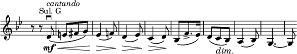 
\relative c' \new Staff \with { \remove "Time_signature_engraver" } {
 \key g \minor \time 3/8
  r8 r^\markup { Sul. G } d\downbow \mf \< ^\markup \italic cantando ( e fis g) es4\>( f!8) d4\>( es8) c4\>( d8\!)
  bes( f'8.-> es16) d8( c\dim bes\!) a4( bes8) g4.~ g8 
}
