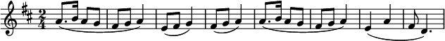 
 \relative d''{
   \key d \major
   \time 2/4

% 1st time
   a8. (b16 a8 g8 fis8 g8 a4) e8 (fis8 g4) fis8 (g8 a4) 

% 2nd time
   a8. (b16 a8 g8 fis8 g8 a4) e4 (a4 fis8 d4.)
  }
