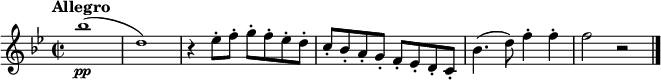 
\new Staff \with {
  midiInstrument = "violin"
}
\relative c''' {
  \tempo "Allegro"
  \tempo 2 = 90
  \key bes \major
  \time 2/2
  \tiny bes1\pp (| d,)
  \normalsize r4 es8-. f-. g-. f-. es-. d-. 
  c-. bes-. a-. g-. f-. es-. d-. c-. 
  bes'4. (d8) f4-. f-.
  f2 r \bar "|."
}
