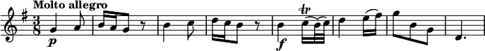 
\relative c' {
 \key g \major
 \time 3/8
 \tempo "Molto allegro"
   g'4\p a8
   b16 a g8 r8
   b4 c8
   d16 c b8 r8
   b4\f c16\trill (b32) (c)
   d4 e16 (fis)
   g8 b, g
   d4.
}
