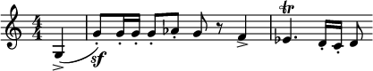  \relative c' { \clef treble \numericTimeSignature \time 4/4 \key c \major \partial 4*1 g->( | g'8\sf-.) g16-. g-. g8-. aes-. g r f4-> | ees4.\trill d16-. c-. d8 } 