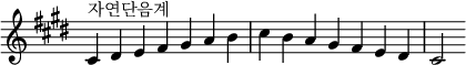  {
\omit Score.TimeSignature \relative c' {
  \key cis \minor \time 7/4 cis^"자연단음계" dis e fis gis a b cis b a gis fis e dis cis2
} }
