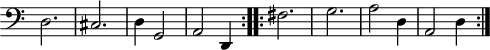 
\version "2.18.2"
\header {
  tagline = ##f
}

\score {
  \new Staff \with {
    \remove "Time_signature_engraver"
  }
  \relative c {
    \key c \major
    \time 3/4
    \tempo 2 = 50
    \autoBeamOff
    \clef bass
    \override Rest #'style = #'classical
    \set Staff.midiInstrument = #"recorder"

  \repeat volta 2 {
  d2. cis d4 g,2 a d,4
  }

  \repeat volta 2 {
  fis'2. g a2 d,4 a2 d4
  }

  }
  \layout {
    \context {
      \Score
      \remove "Metronome_mark_engraver"
    }
  }
  \midi {}
}
