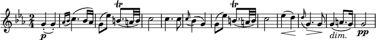 
\relative c'' {
\time 2/4
\key ees \major
g4\p(-. g)-. | \grace { aes16[( bes] } c4.)( bes16 aes) | 
g8( ees') b8.\trill( a32 b) | c2 | c4. c8 |
\grace {c16(} bes4)( g) | g8( ees') b8.\trill( a32 b) | c2 |
ees4\<( d\!) | \grace {d16(} g,4.\>) g8\! | g4\dim( a8. g16\!) | g2\pp |
}
