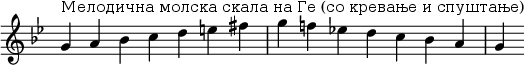  {
\override Score.TimeSignature #'stencil = ##f
\relative c'' {
 \clef treble \key g \minor \time 7/4
 g4^\markup "Мелодична молска скала на Ге (со кревање и спуштање)" a bes c d e fis g f! es! d c bes a g
} }
