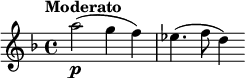 
\new staff
\relative c''' {
\set Staff.midiInstrument = #"violin"
\key d \minor
\time 4/4
\tempo "Moderato" \tempo 8 = 76
a2(_\p) (g4 f) es4. (f8 d4)
}