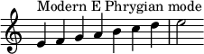  {
\override Score.TimeSignature #'stencil = ##f
\relative c' {
  \clef treble \time 7/4
  e4^\markup { Modern E Phrygian mode } f g a b c d e2
} }
