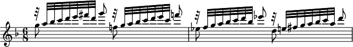 
\version "2.18.2"
\header {
  tagline = ##f
}

\score {
  \new Staff \with {

  }
  \relative c'' {
    \key d \minor
    \time 6/8
    \tempo 4 = 60
    \autoBeamOff
    \clef treble
    \override Rest #'style = #'classical
    \set Staff.midiInstrument = #"violin"

   % ms. p. 78 / DTO p. 83
   << { r32 a'[ bes c d e fis d] g8 } \\ { g,8 } >>
   << { r32 g[ a bes c d e c] f8 } \\ { f,!8 } >>
   << { r32 f[ g a bes c d bes] ees8  } \\ { ees,8 } >>
   << { r32 e![ fis g a bes c a] d8  } \\ { d,8 } >>

  }
  \layout {
    \context {
      \Score
      \remove "Metronome_mark_engraver"
    }
  }
  \midi {}
}
