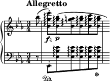 
\new PianoStaff <<
\new Staff = "Up" \with { \magnifyStaff #3/4 } <<
\new Voice \relative c' {
\clef treble
\tempo "Allegretto"
\set Score.tempoHideNote = ##t \tempo 4 = 76

\time 3/4
\key ees \major
\partial 8
bes''8 (<bes, g' ees'>-. \arpeggio \fz) <bes g' bes> \arpeggio \p (<bes g' a> \arpeggio <bes g' bes> \arpeggio <bes g' c> \arpeggio <bes g' bes> \arpeggio \hide r16)
}
>>
\new Staff = "Down" \with { \magnifyStaff #3/4 } <<
\new Voice \relative c{
\clef bass
\key ees \major
r8 ees,-. \sustainOn <ees' bes' ees> \arpeggio <ees bes' ees> \arpeggio <ees bes' ees> \arpeggio <ees bes' ees> \arpeggio <ees bes' ees> \arpeggio \sustainOff s16
}
>>
>>
