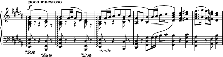 
\relative c'' {
  \new PianoStaff <<
   \set PianoStaff.connectArpeggios = ##t
   \new Staff = "R" \with { \remove "Time_signature_engraver" } {
    \key b \major \numericTimeSignature \time 3/4 \set Score.tempoHideNote = ##t \tempo "poco maestoso" 4=76
    <<
     {
      gis^\f ( \arpeggio fis dis) gis8.\arpeggio fis32( gis fis8 dis) dis4--
      gis8\arpeggio fis16( gis ais8 b gis ais <fis ais,> dis <gis b,>) gis16( \< ais \stemDown b8 cis
      \stemUp <dis b gis dis>4_- \! ) <dis b fis dis>_- <eis cis eis,>_-
      \stemDown <fis cis ais fis>8.( <gis gis,>16 <fis fis,>8) <e! cis e,!>^- \stemUp <dis b dis,>4_-
     }
    \\
     {
      <e, b gis>8\arpeggio r r4 b8 r <e b gis>\arpeggio r r4 b8 r
      <e b gis>\arpeggio r r4 <e b>8 r
     }
    >>
   }
   \new Staff = "L" \with { \remove "Time_signature_engraver" } {
    \key b \major \numericTimeSignature \time 3/4 \clef bass
    <<
     {
      <e, b e,>8\arpeggio \sustainOn d\rest \sustainOff d4\rest <dis fis, b,>8 \sustainOn d\rest \sustainOff
      <e b e,>\arpeggio d\rest d4\rest <dis fis, b,>8 \sustainOn d\rest \sustainOff
      <e b e,>\arpeggio _\markup \italic simile d\rest d4\rest <cis cis,>8 d\rest
      <dis ais dis,> d\rest \stemDown <gis dis gis,> gis16 ais b8 cis
      <b dis, gis,>4 d,\rest <cis' gis cis,>
      <ais cis, fis,> d,8\rest <fis ais,> <b fis b,>4
     }
    \\
     {
      \hideNotes s2. s s s4 s8
      \shape #'((0 . 0) (1.2 . 0.4) (0.2 . -4.2) (0 . 1.2)) Slur
      gis^( s4 \change Staff = "R" dis4)
     }
    >>
   }
  >>
 }
