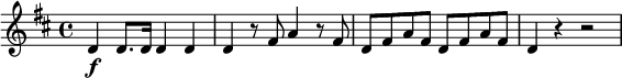 
\relative c' { \set Staff.midiInstrument = #"oboe" \set Score.tempoHideNote = ##t \tempo 4 = 144
  \key d \major
  \tempo "Allegro"
  d4\f d8. d16 d4 d | d r8 fis a4 r8 fis | d fis a fis d fis a fis | d4 r r2
}
