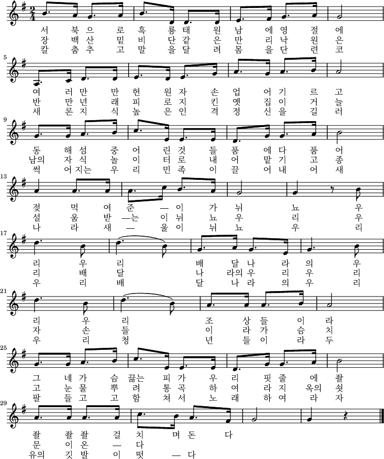 
\relative c' { \key g \major \time 2/4 \set Staff.midiInstrument = #"violin"
b'8. a16 g8. a16 | b8. d,16 d8. d16 | e8. fis16 g8. a16 | g2 |\break
a,8. c16 d8. d16 | e8. d16 e8. g16 | a8. g16 a8. b16 | a2 |\break
g8. g16 a8. b16 | c8. e,16 e8. e16 | d8. g16 g8. a16 | b2 |\break
a4 a8. a16 | a8. c16 b8. a16 | g2 | g4 r8 b8 |\break
d4. b8 | d4. (b8) | g8. a16 g8. e16 | g4. b8 |\break
d4. b8 | d4. (b8) | a8. a16 a8. b16 | a2 |\break
g8. g16 a8. b16 | c8. e,16 e8. e16 | d8. g16 g8. a16 | b2 |\break
a8. a16 a8. a16 | c8. b16 a8. fis16 | g2 | g4 r4\bar "|."}
\addlyrics {
서 북 으 로 흑 룡 태 원 남 에 영 절 에
여 러 만 만 헌 원 자 손 업 어 기 르 고
동 해 섬 중 어 린 것 들 품 에 다 품 어
젖 먹 여 준 ― 이 가 뉘 뇨
우 리 우 리 배 달 나 라 의
우 리 우 리 조 상 들 이 라
그 네 가 슴 끓는 피 가 우 리 핏 줄 에
좔 좔 좔 좔 걸 치 며 돈 다}
\addlyrics {
장 백 산 밑 비 단 같 은 만 리 낙 원 은
반 만 년 래 피 로 지 킨 옛 집 이 거 늘
남의 자 식 놀 이 터 로 내 어 맡 기 고
종 설 움 받 ―는 이 뉘 뇨
우 리 우 리 배 달 나 라의 우 리 우 리 자 손 들 이 라
가 슴 치 고 눈 물 뿌 려 통 곡 하 여 라
지 옥의 쇳 문 이 온 ― 다}
\addlyrics {
칼 춤 추 고 말 을 달 려 몸 을 단 련 코
새 론 지 식 높 은 인 격 정 신 을 길 러
썩 어 지는 우 리 민 족 이 끌 어 내 어
새 나 라 새 ― 울 이 뉘 뇨
우 리 우 리 배 달 나 라 의
우 리 우 리 청 년 들 이 라
두 팔 들 고 고 함 쳐 서 노 래 하 여 라
자 유의 깃 발 이 떳 ― 다}
