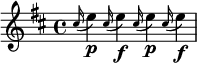 
\transpose g a {   %将C调转为E调，显示效果与固定调写法相同
  \relative c'' {
     \key c \major  
       \appoggiatura b16 d4_\markup{\dynamic p} \appoggiatura b16 d4_\markup{\dynamic f} \appoggiatura b16 d4_\markup{\dynamic p} \appoggiatura b16 d4_\markup{\dynamic f}
  }                                 
}
