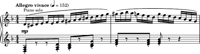 
{   \new PianoStaff << \new Staff \relative d' {
    \clef "treble" \numericTimeSignature\time 4/4 \key d \minor | % 1
    \tempo "Allegro vivace" 4=152 \stemUp d16 ( [ ^\markup{ \small
        {Piano solo} } \stemUp cis16 \stemUp d16 \stemUp e16 ] \stemUp f16
    [ \stemUp e16 \stemUp f16 \stemUp g16 ] \stemUp gis16 [ \stemUp a16
    \stemUp bes16 \stemUp cis16 ] \stemDown d16 [ \stemDown e16
    \stemDown f16 \stemDown g16 ) ] | % 2
    \stemDown gis16 ( [ \stemDown a16 \stemDown bes16 \stemDown a16 ]
    \stemDown g16 [ \stemDown f16 \stemDown e16 \stemDown d16 ]
    \stemDown g16 [ \stemDown f16 \stemDown e16 \stemDown d16 ] \stemUp
    c16 [ \stemUp bes16 \stemUp a16 \stemUp g16 ) ] }
    \new Staff \relative d {
    \clef "treble" \numericTimeSignature\time 4/4 \key d \minor | % 1
    \stemUp <d f a>8 _. [ ^\mp r8 r8 \stemUp <f a d>8 _. ] \stemUp <g
        bes d>8 _. [ r8 \stemUp <bes d g>8 _. ] r8 | % 2
    \stemUp <d f a>8 _. [ r8 r8 \stemUp <d f a>8 _. ] \stemUp <e g bes>8
    _. r8 r4 } >> }
    