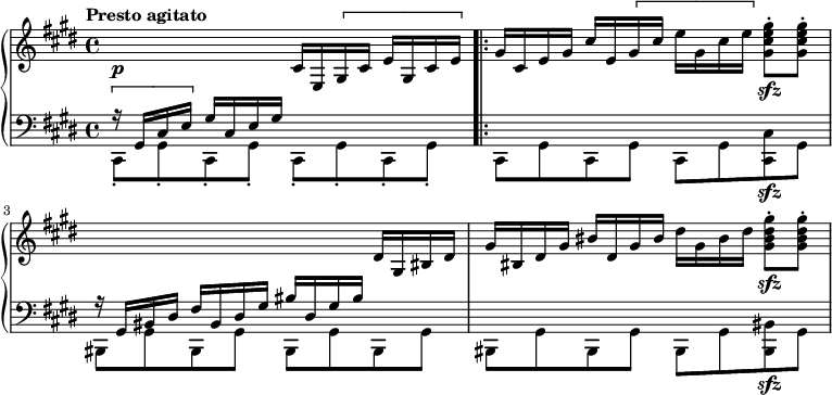 
\new PianoStaff <<
  \new Staff = "right" \with {
    midiInstrument = "acoustic grand"
  } \relative c'' { \set Score.tempoHideNote = ##t \tempo "Presto agitato" 4=160
  
    \key cis \minor
    \time 4/4
    %1
      s2\p cis,16 e, \[ gis cis e gis, cis e \] \bar ".|:" 
      gis cis, e gis cis e, \[ gis cis e gis, cis e \] <gis, cis e gis>8\sfz-. <gis cis e gis>-.
    %2
      s2. dis16 gis, bis dis
    %3    
      gis bis, dis gis bis dis, gis bis dis gis, bis dis <gis, bis dis gis>8-.\sfz <gis bis dis gis>-.
  }
  \new Staff = "left" \with {
    midiInstrument = "acoustic grand"
  } {
    \clef bass \relative c' {
      \key cis \minor
      \time 4/4
      \tempo "Presto agitato." 
      % impossible d'afficher le premier ! 
      %1
        << { \[ r16 gis,16 cis e \] gis16 cis, e gis s2 } \\ { cis,,8-. gis'-.  cis,-. gis'-. cis,-. gis'-. cis,-. gis'-.}>> \stemDown \bar ".|:"
      %2
        cis, gis' cis, gis' cis, gis' <cis, cis'>\sfz gis'
      %3
        <<{r16 gis bis dis fis bis, dis gis bis dis, gis bis s4}\\{bis,,8 gis' bis, gis' bis, gis' bis, gis'}>>
        bis, gis' bis, gis' bis, gis' <bis, bis'>\sfz gis'
    }
  }
>>
\midi { }
