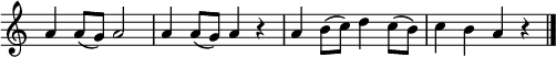 
{ \key a \aeolian 
\time 2/2
\set Score.tempoHideNote = ##t
\tempo 2=72
\set Staff.midiInstrument = "english horn"
\omit Score.TimeSignature
\override Score.BarNumber  #'transparent = ##t
\relative c'' {
a4 a8( g) a2 | a4 a8( g) a4 r4 | a4 b8( c) d4 c8( b) | c4 b a r4 \bar "|." }
}
