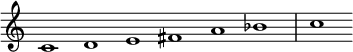  {
\override Score.TimeSignature #'stencil = ##f
\set Score.tempoHideNote = ##t
\tempo 1 = 120
\relative c' { 
  \cadenzaOn
  c1 d e fis a bes \bar "|" c
} }
