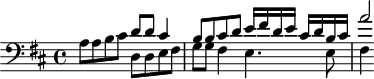 
\version "2.18.2"
\header {
  tagline = ##f
  % composer = "Johann Pachelbel"
  % opus = "Gott der Vater wohn uns bei, P. 171"
  % meter = ""
}

\score {
<<
  \relative c' {
    \clef bass
    \key d \major
    \time 4/4
    \override TupletBracket #'bracket-visibility = ##f 

     %s8*0^\markup{Aria}
     a8 a b cis << { d d cis4 | b8 b cis d e16 fis d e cis d b cis | a'2*1/2 } \\ { d,,8 d e fis | g g fis4 e4. e8 | fis4 } >>

  }
>>
  \layout {
     #(layout-set-staff-size 17)
     \context { \Score \remove "Metronome_mark_engraver" 
     \override SpacingSpanner.common-shortest-duration = #(ly:make-moment 1/2)
     }
  }
}
