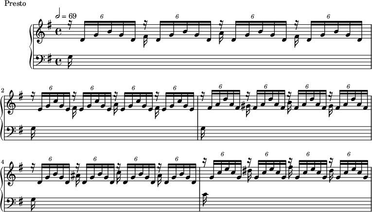 
\version "2.18.2"
\header {
  tagline = ##f
}
upper = \relative c'' {
  \clef treble 
  \key g \major
  \time 4/4
  \tempo 2 = 69
  \override TupletBracket.bracket-visibility = ##f

   %%Montgeroult — Étude 37 (pdf p. 104)
   \repeat unfold 4 { \times 4/6 { g'16\rest d,16 g b g d } }
   \repeat unfold 4 { \times 4/6 { g'16\rest e,16 g c g e } }
   \repeat unfold 4 { \times 4/6 { g'16\rest fis,16 a d a fis } }
   \repeat unfold 4 { \times 4/6 { g'16\rest d,16 g b g d } }
   \repeat unfold 4 { \times 4/6 { \stemUp c''16\rest g,16 c e c g } }

}

lower = \relative c' {
  \clef bass
  \key g \major
  \time 4/4

  \repeat unfold 2 { \change Staff = "lower" g16 s16 s8 \change Staff = "upper" \stemDown fis'16 s16 s8 a16 s16 s8 fis16 s16 s8}
  \change Staff = "lower" g,16 s16 s8 \change Staff = "upper" \stemDown gis'16 s16 s8 b16 s16 s8 gis16 s16 s8
  \change Staff = "lower" g,16 s16 s8 \change Staff = "upper" \stemDown ais'16 s16 s8 c16 s16 s8 ais16 s16 s8  
  \change Staff = "lower" c,16 s16 s8 \change Staff = "upper" \stemDown dis'16 s16 s8 fis16 s16 s8 dis16 s16 s8

}

  \header {
    piece = "Presto"
  }

\score {
  \new PianoStaff <<
    \new Staff = "upper" \upper
    \new Staff = "lower" \lower
  >>
  \layout {
      \context { \Staff \RemoveEmptyStaves }
  }
  \midi { }
}
