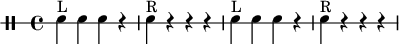 \header { tagline = ##f } \score { \new DrumStaff \with { drumStyleTable = #percussion-style \override StaffSymbol #'line-count = #1 } \drummode { \time 4/4 \tempo 4 = 120 snare4^"L" snare4 snare4 r4 snare4^"R" r4 r4 r4 snare4^"L" snare4 snare4 r4 snare4^"R" r4 r4 r4 } \layout { \context { \Score \remove "Metronome_mark_engraver" } } \midi {} }