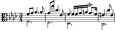 
\version "2.18.2"
\header {
  tagline = ##f
  % composer = "Johann Pachelbel"
  % opus = "Chaconne en fa mineur, P. 43"
  % meter = ""
}

\score {
<<
  \relative c' {
    \clef alto
    \key f \minor
    \time 3/4
    \override TupletBracket #'bracket-visibility = ##f 

     %s8*0^\markup{Aria}
     << { f8 g aes4. aes8 | g g' c,4. ees,8 | f4~ f16 f g a g8.\trill f16 | e4. c'8 e,4 } \\ { f,2.  ees des c } >>

  }
>>
  \layout {
     #(layout-set-staff-size 17)
     \context { \Score \remove "Metronome_mark_engraver" 
     \override SpacingSpanner.common-shortest-duration = #(ly:make-moment 1/2)
     }
  }
}
