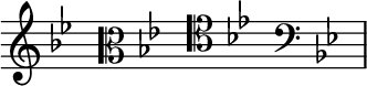 { \new Staff \with{ \magnifyStaff #3/2 } << \time 4/16 \override Score.TimeSignature #'stencil = ##f { \clef treble \key g \minor s16 \clef alto \key g \minor s16 \clef tenor \key g \minor s16 \clef bass \key g \minor s16 } >> }