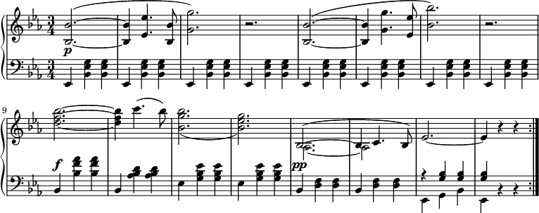 
 \relative b' {
  \new PianoStaff <<
   \new Staff { \key c \minor \time 3/4
    \set Score.tempoHideNote = ##t
     \tempo "" 2. = 64
   {
      { <bes bes,>2.~( <bes bes,>4 <ees ees,>4. <bes bes,>8 <g' g,>2.) b,\rest <bes bes,>2.~( <bes bes,>4 <g' g,>4. <ees ees,>8 <bes' bes,>2.) b,\rest < bes' f d >2.~ < bes f d >4 c4.( bes8) \once \slurDown <bes g bes,>2.( <g ees bes>2.)}
    <<
{\once \slurUp \once \tieUp  bes,,2.~( bes4 c4. bes8) ees2.~ ees4 b'\rest b\rest \bar ":|."}
 \new Voice
   {\stemDown \tieDown
  aes,2.~ aes2
   }
    >>
} }

   \new Dynamics {
    s2.\p s4 s4. s8 s2. s s2. s4 s4. s8 s2. s s2.\f s4 s4. s8 s2. s2. s2.\pp s2
   } 
   \new Staff { \key c \minor \time 3/4 \clef bass
      { ees,4 <bes' ees g> <bes ees g> ees, <bes' ees g> <bes ees g> ees, <bes' ees g> <bes ees g> ees, <bes' ees g> <bes ees g> ees, <bes' ees g> <bes ees g> ees, <bes' ees g> <bes ees g> ees, <bes' ees g> <bes ees g> ees, <bes' ees g> <bes ees g> bes <bes' f' aes> <bes f' aes> bes, <aes' bes d> <aes bes d> ees <g bes ees> <g bes ees> ees <g bes ees> <g bes ees> bes, <d f> <d f> bes <d f> <d f>}
    <<
{ r <g bes> <g bes> <g bes> b,\rest b\rest }
    \\
      {ees, g bes ees, }
    >>
      }
  >>
 }
