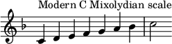  {
\key c \mixolydian
\override Score.TimeSignature #'stencil = ##f
\relative c' { 
  \clef treble \time 7/4
  c4^\markup { Modern C Mixolydian scale } d e f g a bes c2
} }
