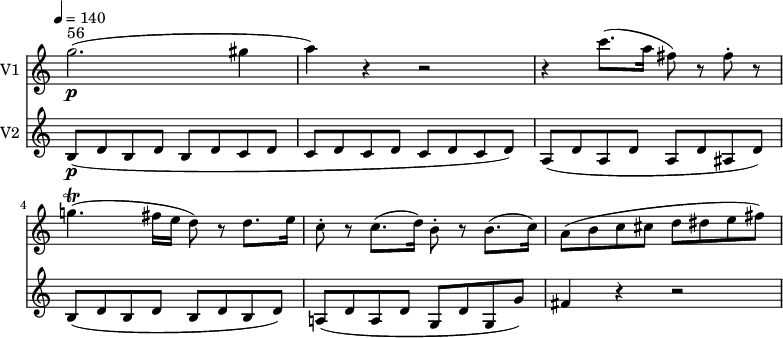 
<<
\new Staff \with { instrumentName = #"V1 "} \relative c'' {
    \version "2.18.2"
    \key c \major 
    \time 4/4
    \tempo 4 = 140
    \omit Staff.TimeSignature
    g'2.\p^\markup { 56} (gis4
    a) r4 r2
    r4 c8. (a16 fis8) r8 fis-. r8
    g!4.\trill (fis16 e d8) r8 d8. e16)
    c8-. r8 c8. (d16) b8-. r8 b8. (c16)
    a8 (b c cis d dis e fis)
}
\new Staff \with { instrumentName = #"V2 "} \relative c'' {
    \key c \major 
    \time 4/4
    \omit Staff.TimeSignature
    b,8\p (d b d b  d c d c d c d c d c d)
    a (d a d a d ais d)
    b (d b d b d b d)
    a! (d a d g, d' g, g')
    fis4 r4 r2
}
>>
